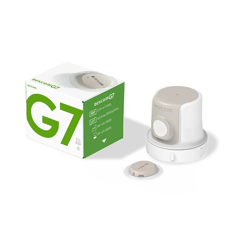 Dexcom G7 sensor packaging and sensor
